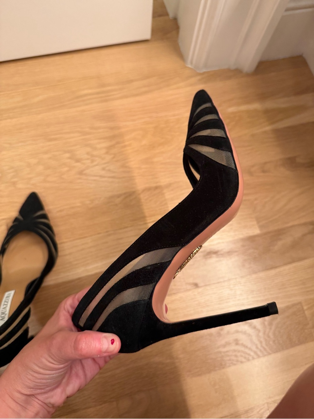 Aquazzura Black Suede and Sheer Mesh Pointed-Toe Stiletto Pumps - Picture 5 of 6